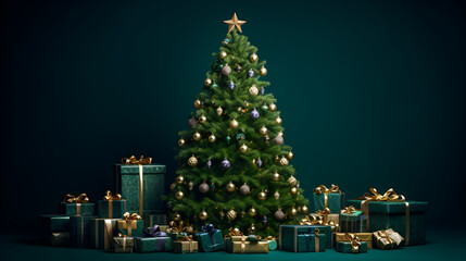 Traditional Christmas Tree with a Trove of Wrapped Presents, Green Background
