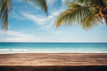 Empty wide Table top wooden bar with blurred beautiful beach scene background coconut leaf on the frame for product display mockup outside summer day time, Resort on nature sea