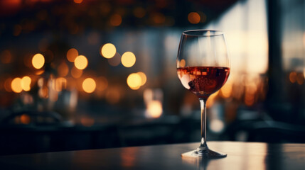 Glasses placed on restaurant table and sparkling bokeh background