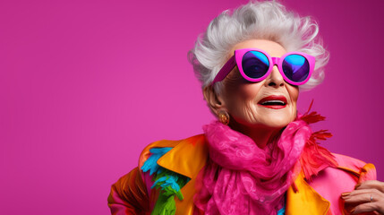 Happy senior woman in colorful  outfit, cool sunglasses, laughing and having fun in fashion studio