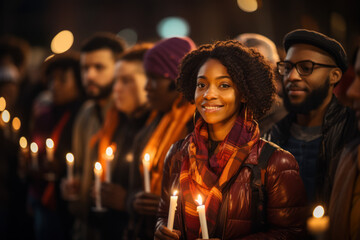 A diverse gathering participating in a candlelight vigil for global peace, expressing solidarity and collective hope. Generative Ai. - obrazy, fototapety, plakaty