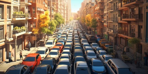 Urban Parking Puzzle: A city center street, tightly packed with cars, reveals the challenges of limited space and congestion - obrazy, fototapety, plakaty