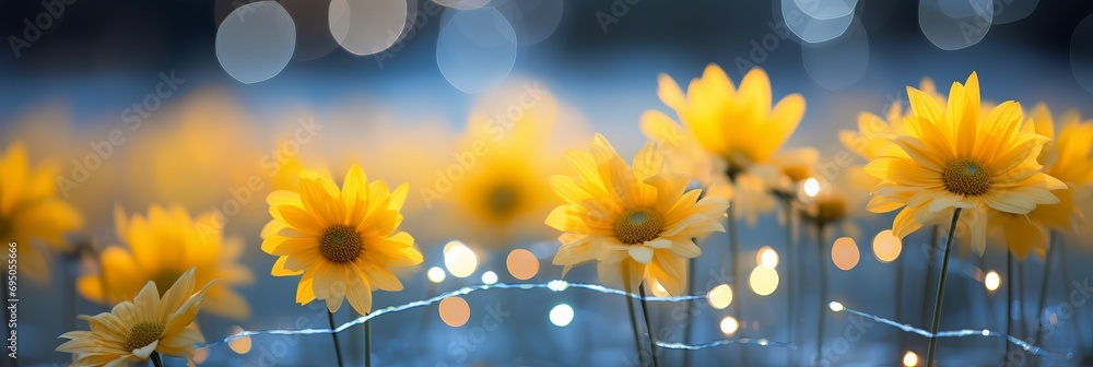 Poster vibrant bokeh background with contrasting sunflower colors, creating a mesmerizing narrative effect