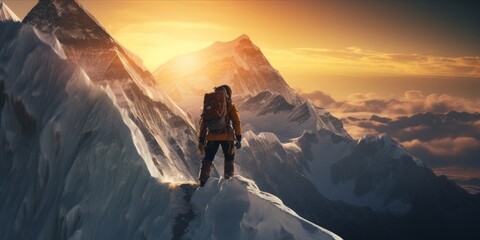 Summit Conquest: A determined woman embarks on the ultimate adventure, scaling the heights of Everest with unparalleled courage, perseverance, and triumph - obrazy, fototapety, plakaty