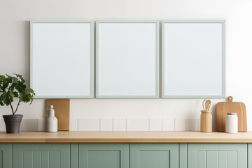 mock up poster frame in modern interior background, kitchen, mint color, 3D render