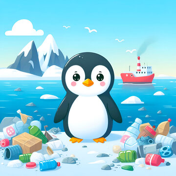 Penguin on iceberg with garbage