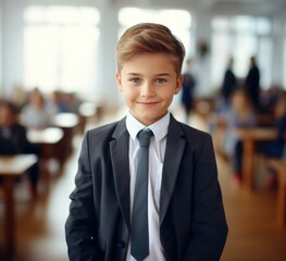 A young boy in a suit and tie standing in a classroom. Generative AI.