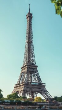 The famous paris eiffel tower in france on a sunny day with sunshine, zoom in camera. vertical video for story and reel