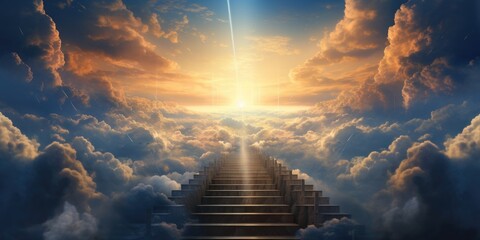 Stone staircase to heaven. Stairs leading to a bright light in the distance, clouds. Generative AI - obrazy, fototapety, plakaty