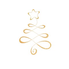 Christmas pine fir tree line art golden glitter. Continuous one line drawing. Freehand illustration minimalistic design.