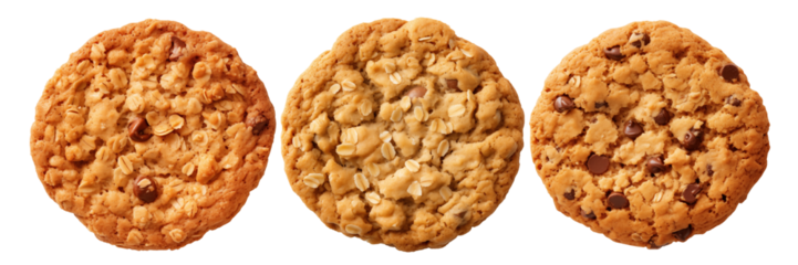 Set of different oatmeal cookies are cut out on a transparent background. Oatmeal cookies with chocolate chips. Ingredient for cookie cake. A design element to insert into a project.