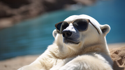 Fototapeta premium White Polar Bear Chilling and Wearing Sun Glasses