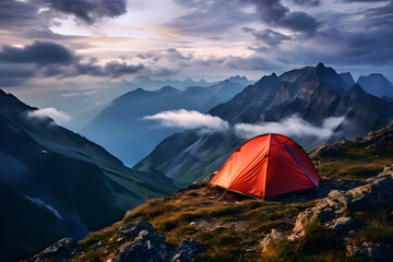 tent in the mountains, camping, mountain camp, biwak tent, hiking tour, wild camping - obrazy, fototapety, plakaty