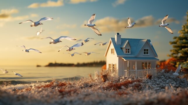 Coastal House Surrounded By Flying Seagulls At Sunset 