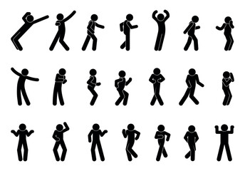 stick figure human silhouette, set of man icons, people in different poses