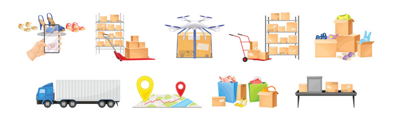Delivery and Logistics with Cardboard Box Shipment Vector Set