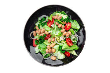 white bean salad green lettuce, tomato healthy eating cooking appetizer meal food snack on the table copy space food background rustic top view 