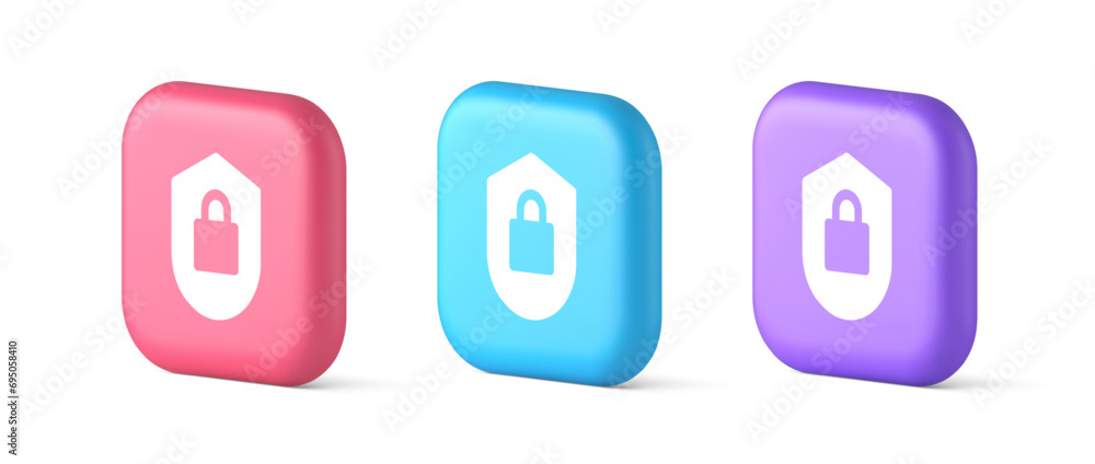Poster lock shield security button privacy blocked password service web app 3d realistic speech bubble icon