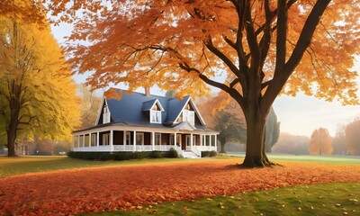 Obraz premium view of an autumn park with a beautiful country house
