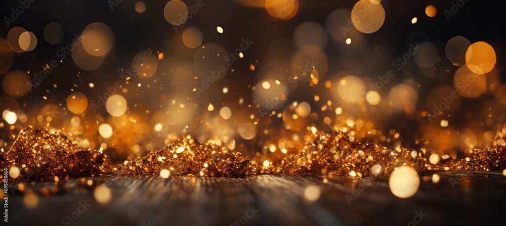 Poster vibrant yellow glowing particles bokeh background with mesmerizing visual effect and light trails