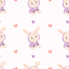 Seamless pattern with cute little animal rabbit with pajamas on white background. Vector illustration for design, wallpaper, packaging, textile. Kids collection.