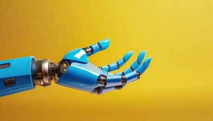 Blue robot hand background, presenting technology gesture. Technology meets humanity backgrond.