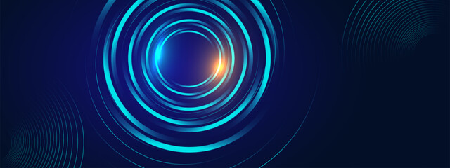 Blue abstract background with spiral circle lines, technology futuristic template. Vector illustration.