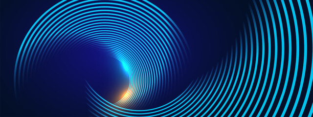 Blue abstract background with spiral circle lines, technology futuristic template. Vector illustration.
