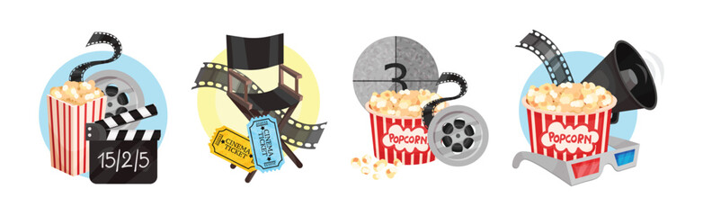 Cinematography Element and Object with Popcorn, Tickets, Reel and Clapperboard Vector Set