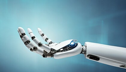 White robot hand background, presenting technology gesture. Technology meets humanity background. Blue background