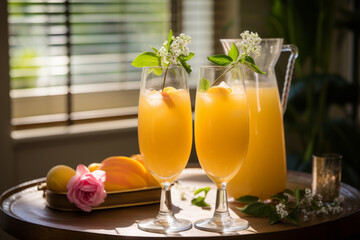 Peach juice in glasses and jug and fresh fruit.