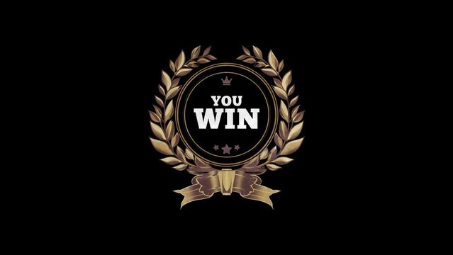 Motion Graphics with rotating decorative "You Win" golden logo. Rewards, casino and Jackpot success concept. White background, black background, Green Screen Chroma Key