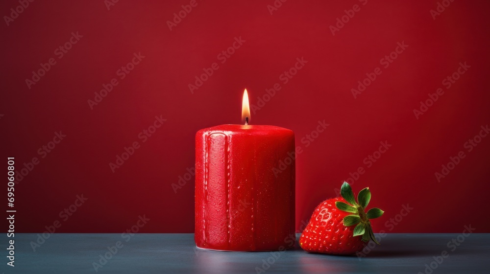Poster a red candle next to a strawberry on a dark surface with a red wall in the background and a red wall
