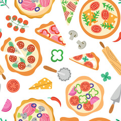 Pizza repeated elements. Hand drawn food ingredients, traditional italian cuisine, yummy tomatoes, meat, cheese, vector seamless pattern.eps