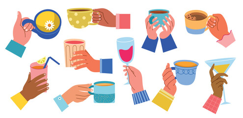 People hands holding cold and hot drinks. Cartoon glasses, goblets and cups with tea, coffee and wine, human arms with margarita, vector set.eps