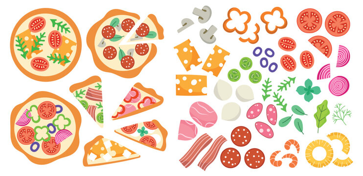 Italian pizza ingredients. Hand drawn food elements, doodles, cheese, mushrooms, dough pita with vegetables and meat, tomatoes, vector set.eps