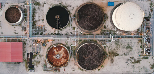Aerial top view Water Treatment Plant, Sewage treatment plant
