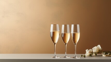  three glasses of champagne sitting on top of a table next to a bottle of wine and a small bouquet of flowers.