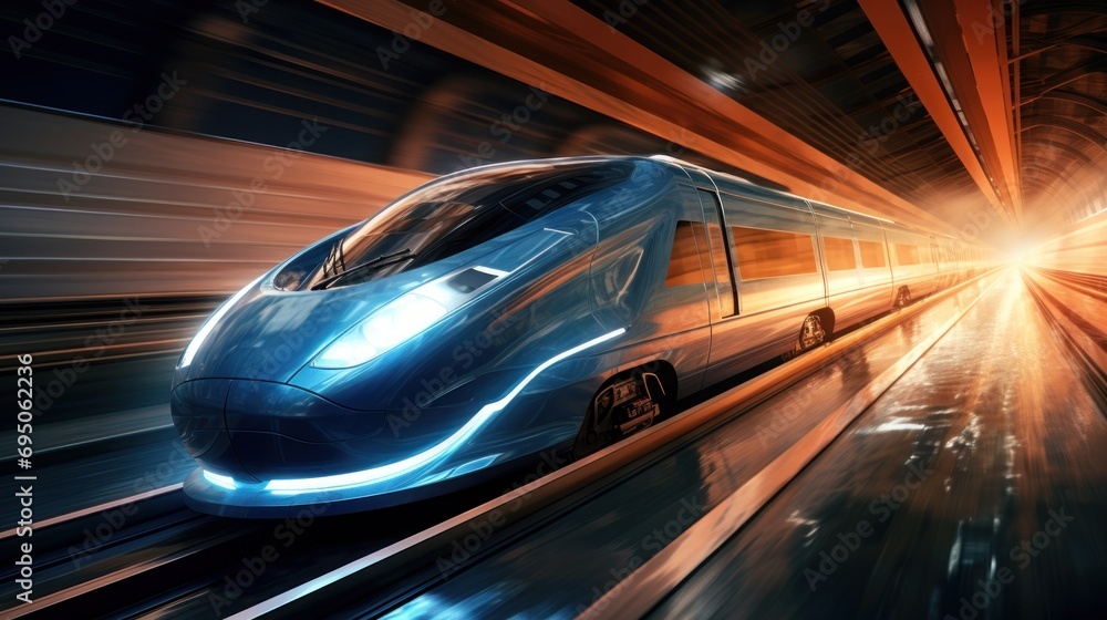 Poster a high speed bullet train speeding through a tunnel with bright lights on the side of the train and 