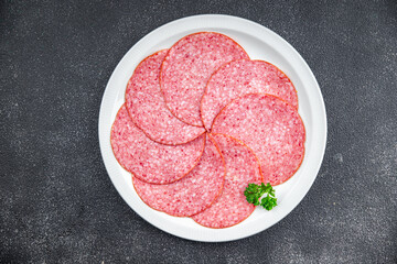 salami sausage fresh meat product appetizer meal food snack on the table copy space food background...