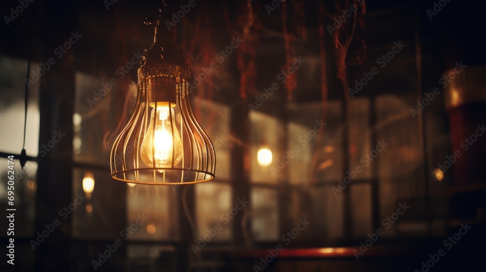 Poster a light bulb hanging from a ceiling in a dark room with a window and a window sill in the background