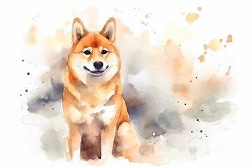 Cute Shiba Inu puppyy in watercolour style on white background