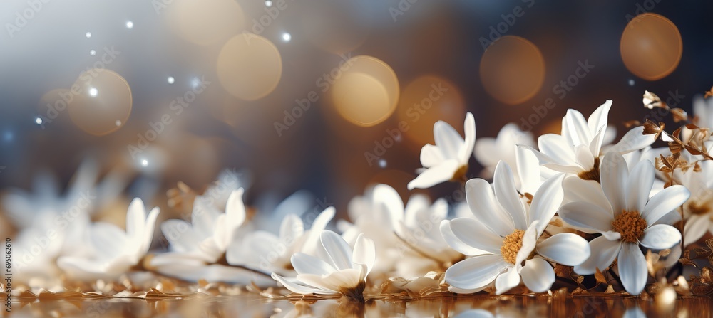 Poster contrasting daisies on bokeh background with captivating narrative effect and text space