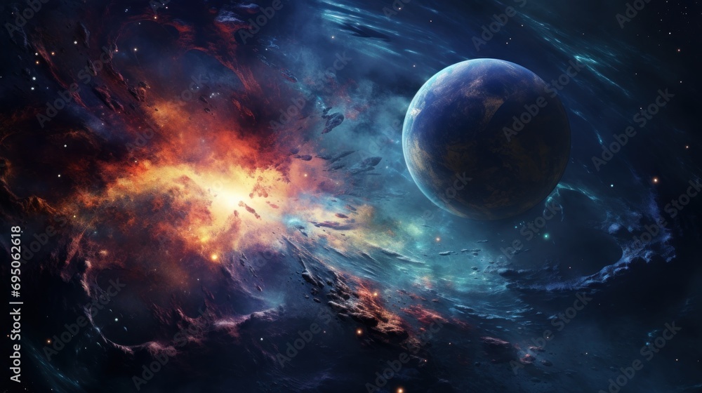 Poster an image of a space scene with a planet in the foreground and a distant star in the middleground.