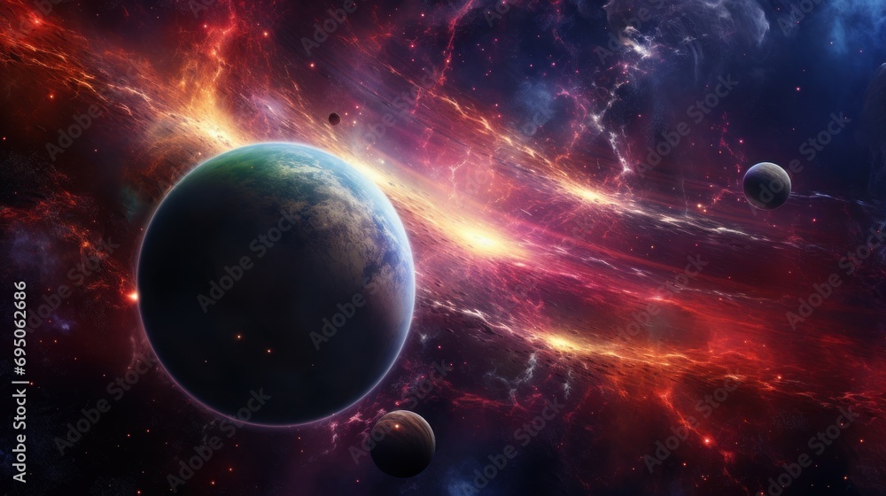 Poster an artist's rendering of a planetary system with a planet in the foreground and a distant star in th