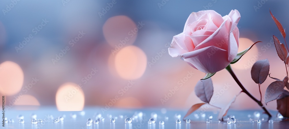 Poster contrasting delicate rose colors bokeh background with blurred narrative effect and ample copy space