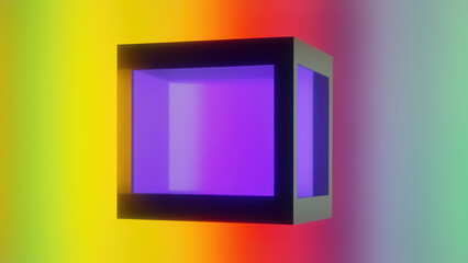 3D geometric cube floating against a vibrant multicolored rainbow gradient backdrop, depicting modern art and design concepts.