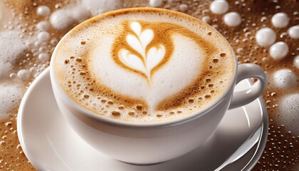 Close-up view of a cappuccino with artful milk foam design, in a white ceramic cup with saucer against a coffee bean backdrop.