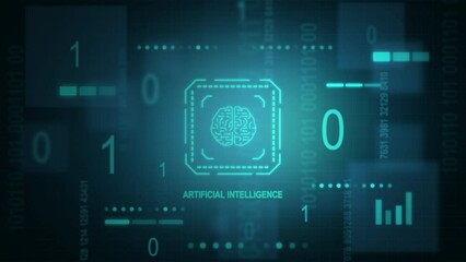 Visual concept of an artificial intelligence data. Digitally generated illustration of a brain, processor, digital numbers, graphs and charts - Powered by Adobe