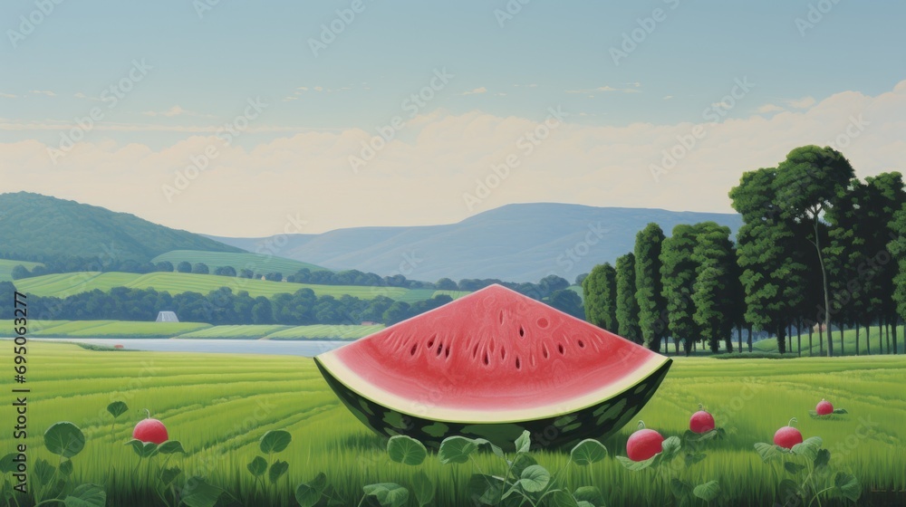 Poster a painting of a slice of watermelon in a field of green grass with mountains and trees in the backgr